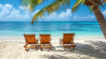 Serene tropical beach with three empty orange sun loungers under palm tree, clear blue sky, turquoise sea, summer vacation concept. Copy space.