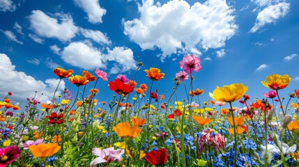 Vibrant field of multicolored wildflowers under blue sky with fluffy clouds, symbolizing spring renewal and nature's beauty. Copy space.