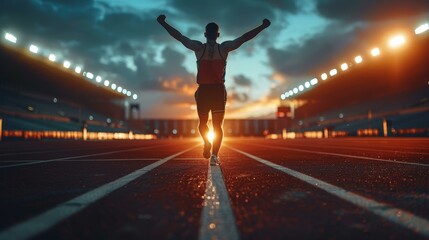 Fototapeta na wymiar Triumphant athlete celebrating victory on race track at sunset, dynamic sports theme with vibrant colors and copy space.