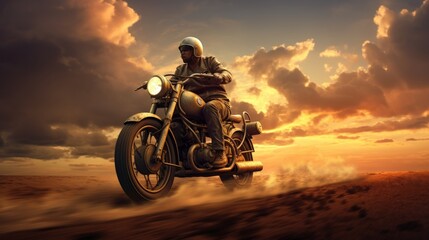 Motorcyclist driving a motorcycle in the desert. - obrazy, fototapety, plakaty