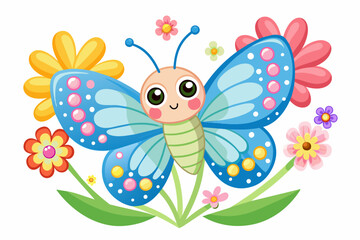 Fototapeta na wymiar Charming cartoon butterfly with colorful flowers.
