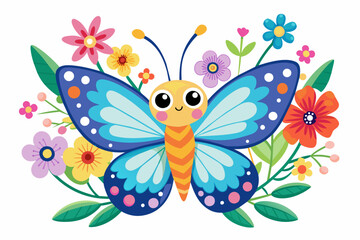 A charming cartoon butterfly flutters amidst vibrant flowers.