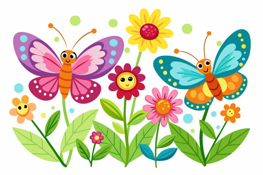 Charming cartoon butterflies dance among colorful flowers, creating a delightful scene.