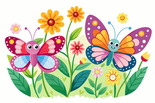 Butterflies in adorable animal cartoons flutter around vibrant flowers, creating a charming and playful scene.