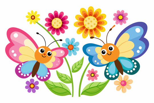 Charming butterflies flutter amidst vibrant flowers, creating a captivating cartoon scene.