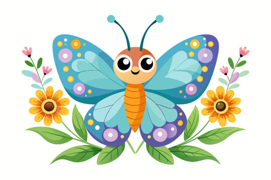 Charming cartoon butterfly with vibrant flowers, adding a touch of whimsy to any design.