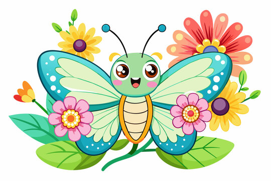 Charming cartoon butterfly flutters amidst vibrant flowers, adding a touch of whimsy to any scene.