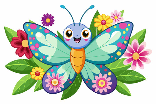Charming cartoon butterfly adorned with vibrant flowers flutters gracefully through the air.