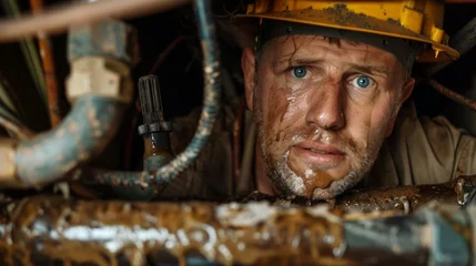 Foto op Canvas A closeup of a plumbers face dripping with sweat as he concentrates intently on repairing a broken pipe in the unfinished bat of the new building surrounded by a maze of exposed pipes . © Justlight