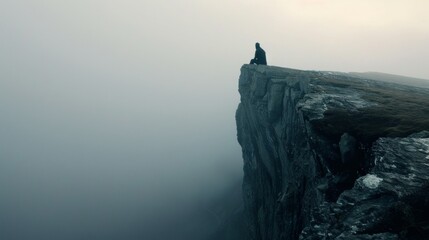 A lone figure sits atop a cliff back facing the camera as they contemplate the hidden secrets of...