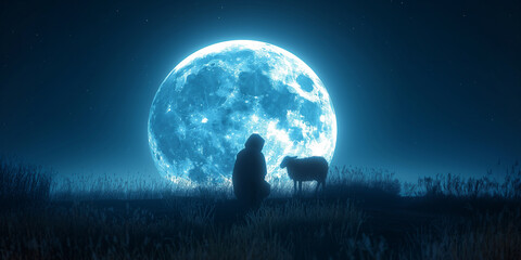 Silhouette of man shepherd with his sheep against moon at blue night. Eid Al-Adha greeting scene