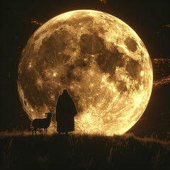  Silhouette a man shepherd with his sheep against giant full moon at night. Eid Al-Adha greeting...