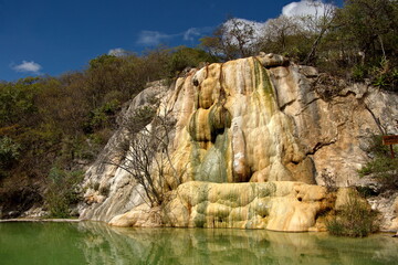 Algae growing on a travertine rock formation above a pool at Hierve el Agua in San Lorenzo Albarradas,  Oaxaca, Mexico
