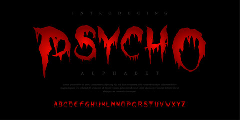 Psycho horror halloween Font Uppercase Lowercase and Number. Spooky Lettering Minimal Fashion Designs. Typography modern serif fonts regular decorative vintage concept. vector illustration