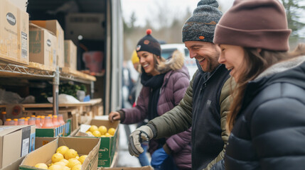 Group volunteer working.Smiling of volunteers packing food into cardboard boxes outside truck. - obrazy, fototapety, plakaty