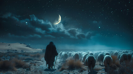 A man shepherd with his sheep against moon at blue night. Eid Al-Adha greeting scene