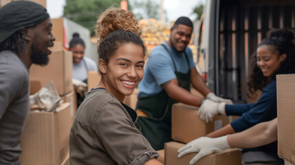 Group volunteer working.Smiling of volunteers packing food into cardboard boxes outside truck.