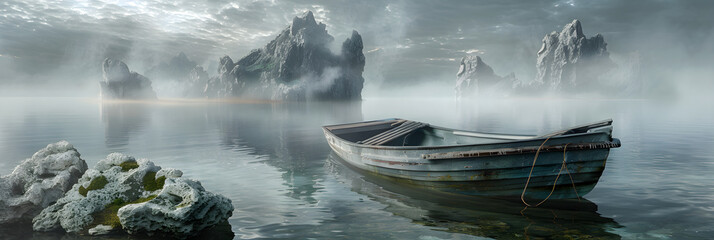 The Enigmatic Boat Voyage: An Unusual Journey into the Heart of a Surreal Landscape - obrazy, fototapety, plakaty