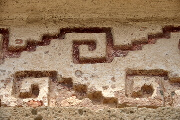 Painted fretwork on the Palace, in Mitla, in San Pablo Villa de Mitla, Oaxaca, Mexico