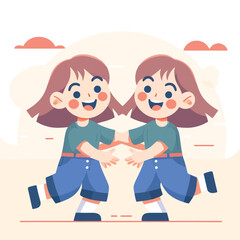 illustration of identical twin sisters playing in flat design style