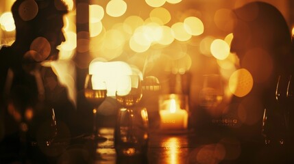 In a dimmed restaurant a defocused image captures a couple lost in conversation their faces obscured by the soft glow of candlelight. A reminder of the importance of nurturing relationships . - obrazy, fototapety, plakaty
