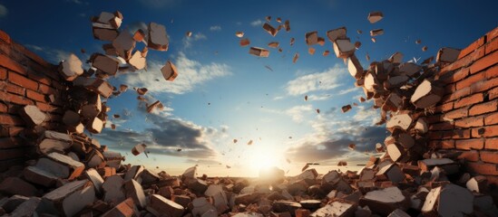 Broken brick wall with flying pieces of paper. pile of stones against a blue sky with clouds - obrazy, fototapety, plakaty