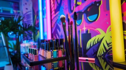 Bold graffitistyle letters spelling out Disco Nights serve as the backdrop for the podium featuring discoinspired makeup brushes and . . - obrazy, fototapety, plakaty