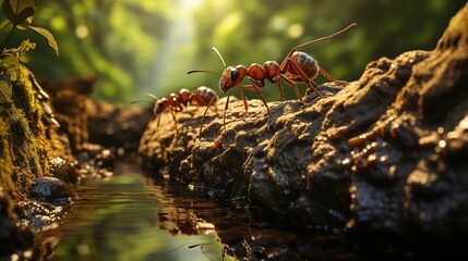 Ants on a branch in the forest, close-up.