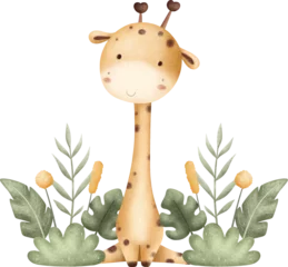 Fotobehang Lengtemeter Watercolor Illustration Giraffe and Tropical Leaves