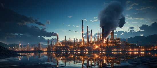 Oil refinery at night. Oil and gas industry. Panorama. - obrazy, fototapety, plakaty