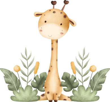 Watercolor Illustration Giraffe and Tropical Leaves