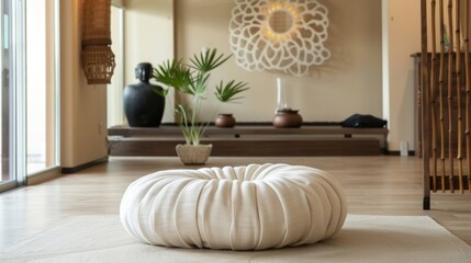 A large plush meditation cushion sits in the center of the room inviting anyone who enters to take a seat and find peace. The cushion is made of soft white fabric with intricate bamboo . - obrazy, fototapety, plakaty
