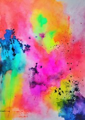 Fototapeta premium Contemporary fluorescent colors painting with watercolor wash on canvas. Modern poster for wall decoration