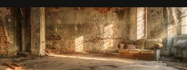 the interior of an abandoned room with an ancient dusty sofa