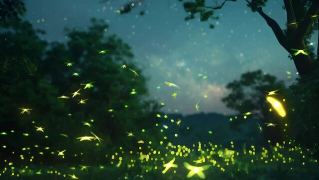 Countless fireflies dance and flicker in an enchanting display among the trees of a dark forest at night. 