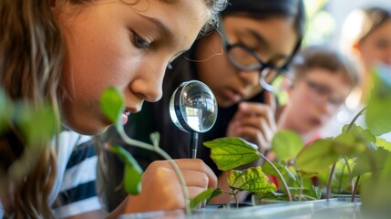 A closeup shot of a student using a magnifying glass to examine a leaf while their classmates gather around to learn about the types of plants that can be used to produce biofuel. . - obrazy, fototapety, plakaty