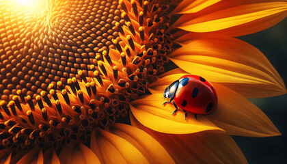 sunflower and ladybug - obrazy, fototapety, plakaty