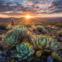 Mesmerizing Succulents and Cacti Flourishing Under a Radiant Desert Sunrise