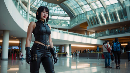Action Asian Woman in Leather Cosplay