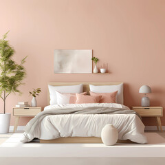 A peach fuzz colored wall in the bedroom