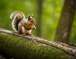 Naklejka na ściany i meble Squirrel on Tree Stump with Green Forest Background