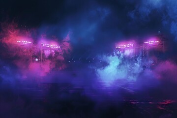 dramatic bright stadium arena lights shining through smoke at night digital painting - obrazy, fototapety, plakaty