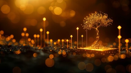 Golden tree growing out of a blockchain block, with each leaf representing a different application of blockchain technology in the gold industry - obrazy, fototapety, plakaty
