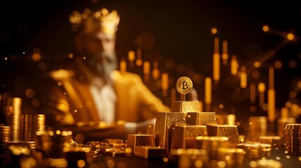 King Midas with a golden touch, using blockchain to manage his wealth, Representing the enduring allure of gold and its adaptation to modern technology - obrazy, fototapety, plakaty