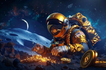 Person wearing a golden spacesuit and mining gold on the moon using blockchain technology, A humorous take on the future of gold exploration and ownership