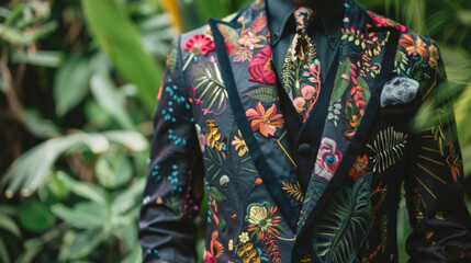 In a serene garden a stylish black man showcases his impeccable taste in fashion with a tailored jacket adorned with natureinspired embroidery and a unique tie featuring a subtle floral .