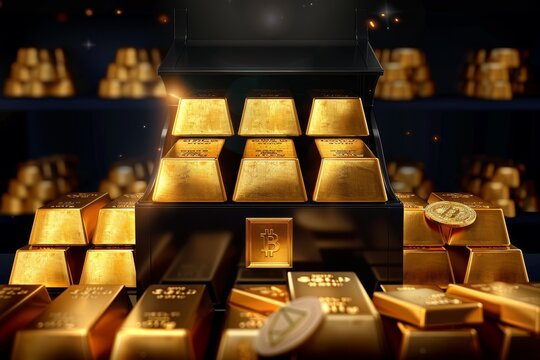Safe deposit box filled with gold bars, compared to a digital wallet secured by blockchain technology, Representing the evolution of asset security and storage methods