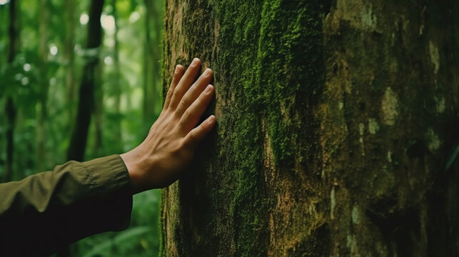 Nature lover hugging trunk tree with green musk in tropical woods forest.