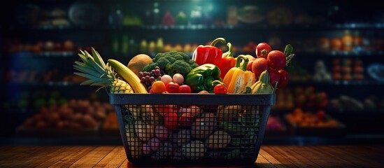 Fruits and vegetables in basket on the shelf in the supermarket.