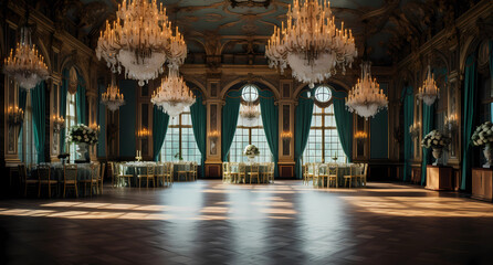 An opulent ballroom with chandeliers